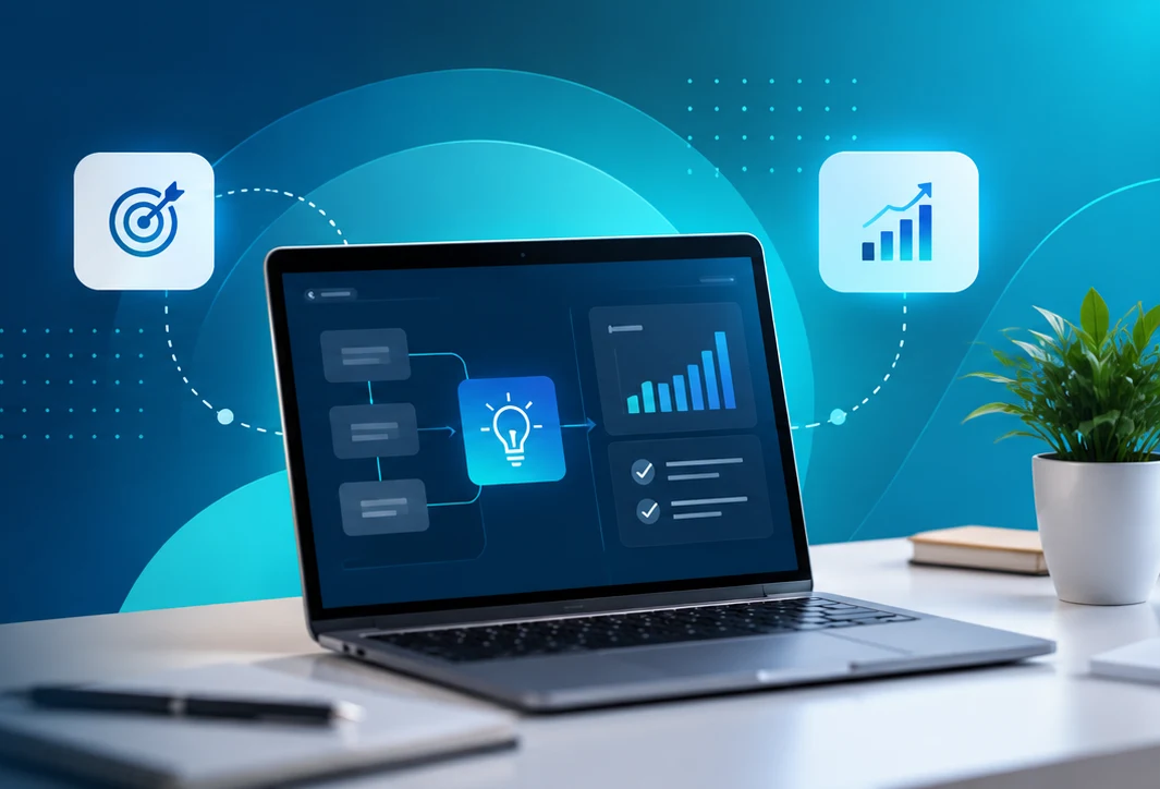 Laptop showing a workflow from problem to solution, with target and growth icons