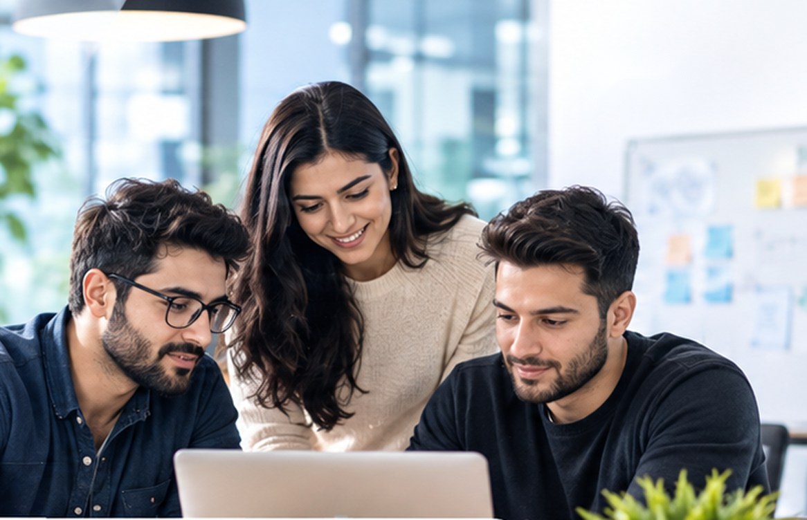 Astute team members reviewing a project together at a laptop