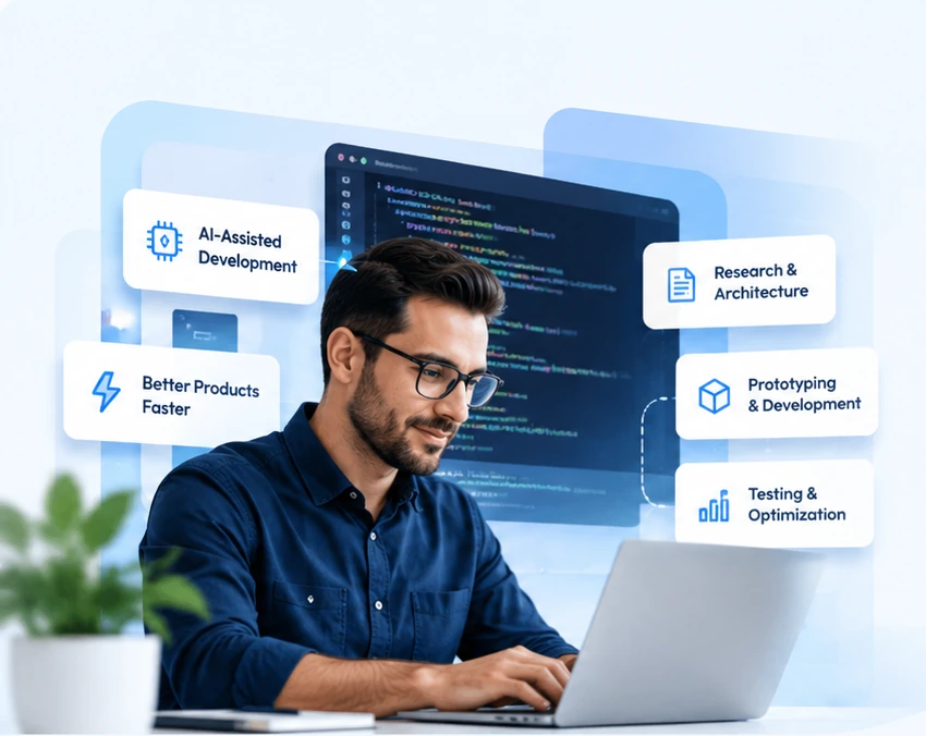 Engineer working on a laptop, surrounded by AI-assisted development, research, prototyping and testing